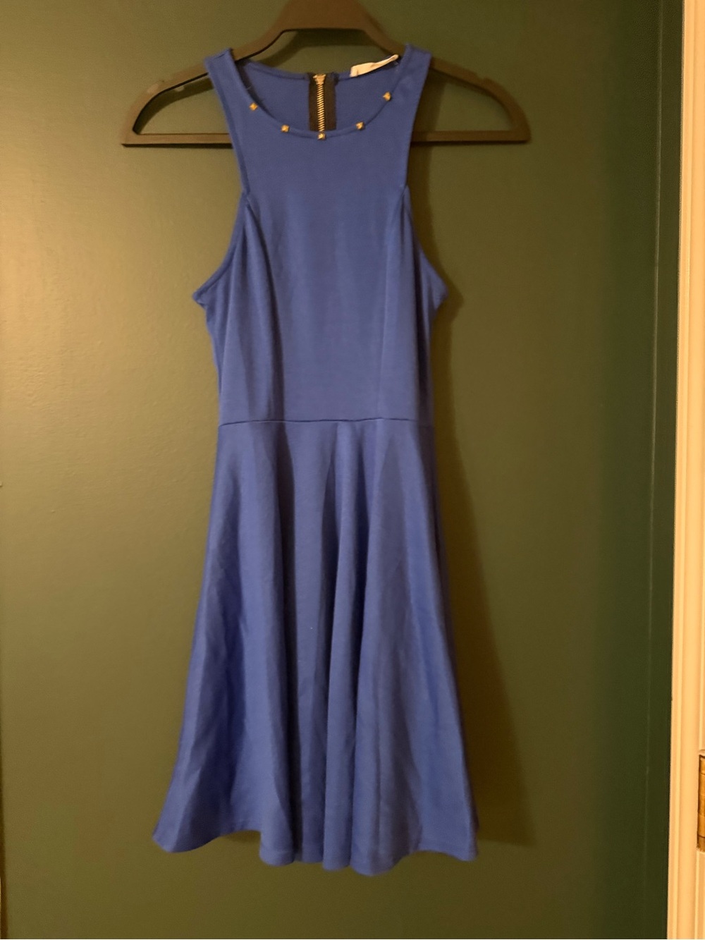 Lush Cobalt Blue Sleeveless Fit & Flare Dress with Studded Neckline
